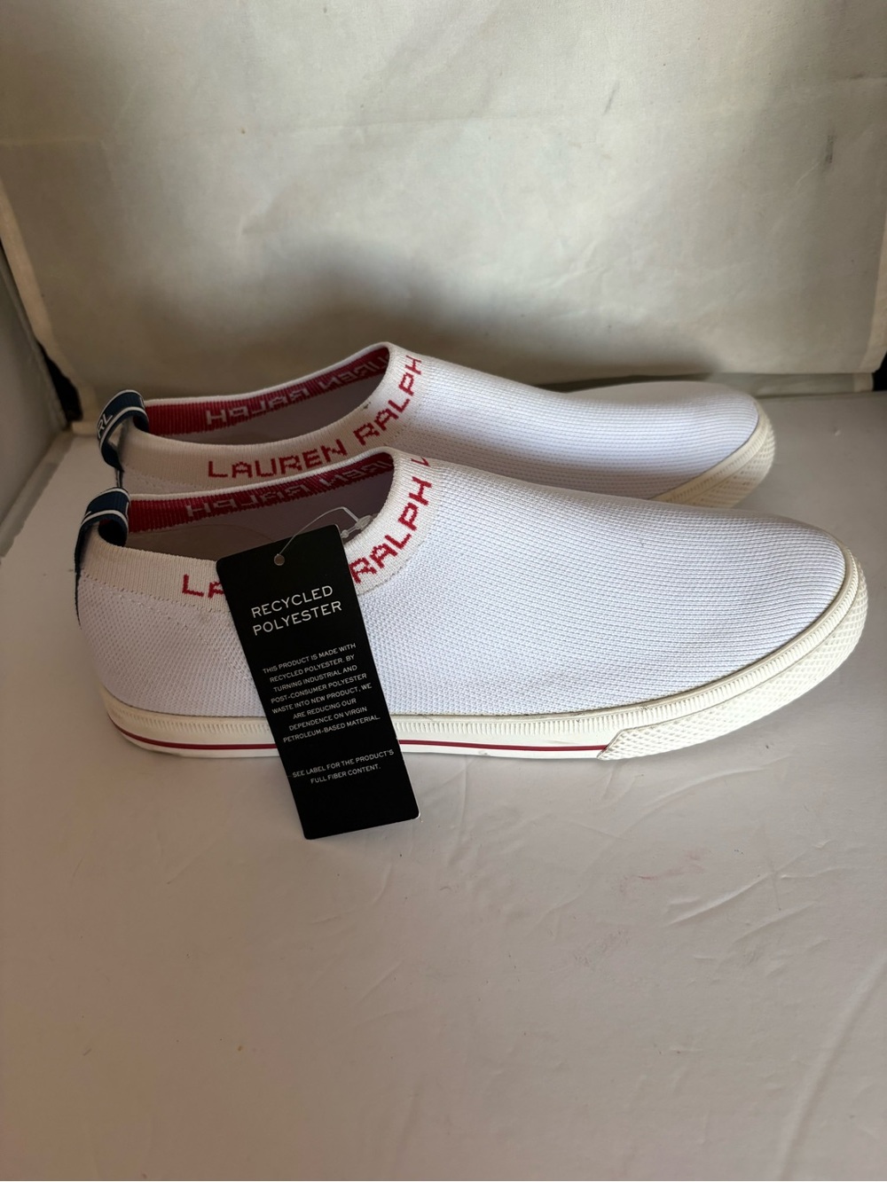 NWT *FLAW* Lauren Ralph Lauren White Slip-On Sneaker with Red Trim 8